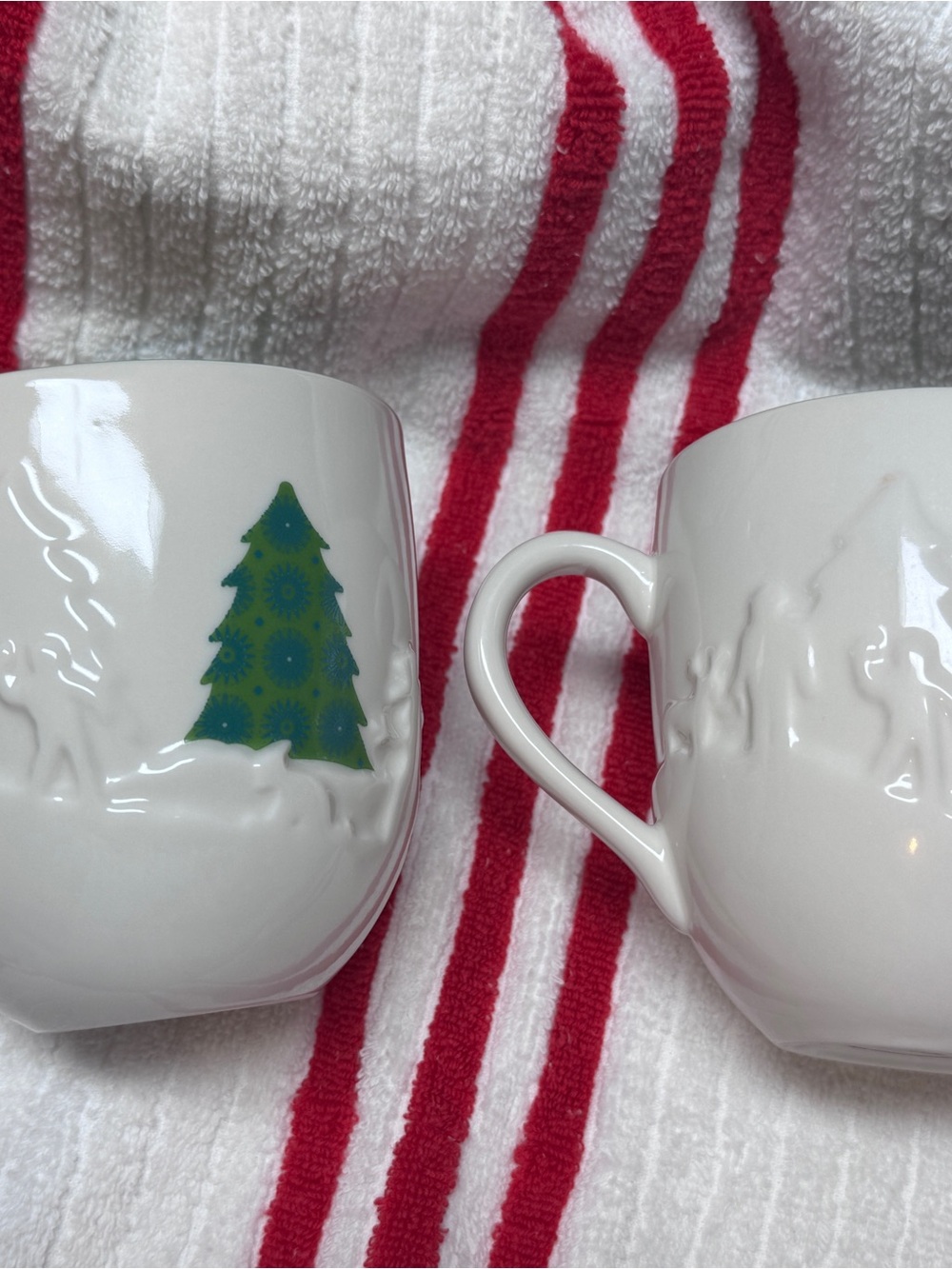 Starbucks 2006 Holiday Edition White Ceramic Mugs with Green Tree Motif